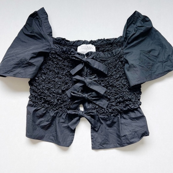 Mare Mare black top blouse shirred peplum bows ties Anthropologie Anthro - Picture 2 of 7